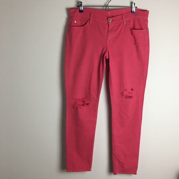 7 For All Mankind Jeans The Slim Cigarette Distressed Peony Pink - Picture 2 of 12